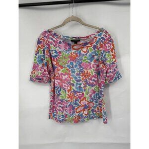 Lauren Ralph Lauren Artsy Floral Top Women Large Colorful Art To Wear Preppy